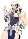  1boy abs bara beard black_bow black_eyes black_hair bow earrings facial_hair fur_scarf golden_kamuy grey_bow grey_hair heart heart_earrings jewelry long_sideburns looking_at_viewer maeba_(morbid+lovers) male_focus mature_male multicolored_hair muscular nihei_tetsuzou old old_man scar scar_on_face scarf sideburns simple_background twitter_username two-tone_hair white_scarf 