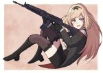  1girl absurdres black_bow black_footwear black_gloves black_jacket black_skirt blonde_hair blue_eyes boots bow brown_background brown_thighhighs commentary_request commission from_side girls&#039;_frontline gloves gun haldeco highres holding holding_gun holding_weapon jacket long_hair long_sleeves looking_at_viewer looking_to_the_side name_connection object_namesake off-shoulder_jacket off_shoulder open_mouth shirt skeb_commission skirt solo stg-940_(girls&#039;_frontline) thighhighs thighhighs_under_boots two-tone_background very_long_hair weapon white_background white_shirt wieger_stg-940 
