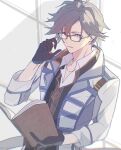  1boy azitsukeniku black_hair book coat eiyuu_densetsu glasses gloves highres holding holding_book leaning_back looking_at_viewer purple_eyes rean_schwarzer sen_no_kiseki sen_no_kiseki_iii solo window 