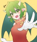  1girl china_dress chinese_clothes clenched_hand draco_centauros dragon_girl dragon_tail dragon_wings dress eyelashes fangs foreshortening gloves green_eyes hair_between_eyes happy kashima_miyako looking_at_viewer open_mouth outstretched_arm pointy_ears puyopuyo red_dress short_hair simple_background solo tail teeth translation_request upper_teeth_only white_gloves wings yellow_background 