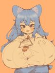  animal_humanoid big_breasts blue_hair blush breasts clothing fangs female hair huge_breasts humanoid hyper hyper_breasts open_mouth pincerpencil purple_eyes simple_background smile solo standing tail teeth unknown_character 