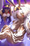  2girls absurdres animal_ears bare_shoulders bent_over breasts cleavage closed_mouth collarbone commentary_request dark-skinned_female dark_skin facial_mark fate/grand_order fate_(series) hair_between_eyes hair_ornament hairband hand_in_own_hair highres jewelry large_breasts long_hair looking_at_viewer multiple_girls necklace nitocris_(fate) nitocris_alter_(fate) one-piece_swimsuit parted_lips purple_hair shiroshisu smile swimsuit thighs water wet white_hair white_one-piece_swimsuit yellow_eyes 