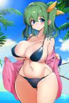  1girl areola_slip ase_(nigesapo) bikini black_bikini blue_eyes blue_sky breasts cleavage closed_mouth cloud commentary_request daiyousei fairy_wings green_hair groin hair_ribbon highres huge_breasts looking_at_viewer medium_hair navel one_side_up outdoors palm_tree ribbon skindentation sky solo swimsuit touhou tree wings yellow_ribbon 