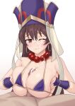  1boy 1girl absurdres after_paizuri areola_slip bead_necklace beads bikini blush breasts breasts_squeezed_together brown_eyes brown_hair censored closed_mouth covered_nipples cum cum_on_body cum_on_breasts cum_on_hair earrings facial fate/grand_order fate_(series) fingerless_gloves gloves hat hetero highres hoop_earrings jewelry large_breasts liu_han looking_at_viewer micro_bikini mosaic_censoring necklace one_eye_closed paizuri penis prayer_beads purple_bikini raised_eyebrows swimsuit variant_set wavy_mouth xuangzang_sanzang_(fate) 