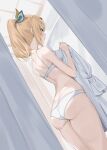  1girl absurdres ass blonde_hair blue_eyes blush bra breasts crystal_shoujo dress fitting_room hair_ornament highres holding holding_clothes holding_dress hololive kazama_iroha long_hair medium_breasts panties ponytail smile solo thighs underwear virtual_youtuber 