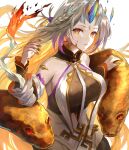  1girl absurdres bare_shoulders blonde_hair breasts expressionless fire_emblem fire_emblem_heroes grey_hair gullveig_(fire_emblem) gullveig_(seer_beyond_time)_(fire_emblem) highres horns jurge large_breasts long_hair looking_at_viewer multicolored_hair pale_skin seidr_(fire_emblem) single_horn snake snake_hair solo two-tone_hair very_long_hair yellow_eyes 