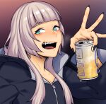 1girl :d alcohol alternate_hairstyle beer beer_can black_jacket blush breath can drunk dyun fang highres holding holding_can hood hoodie jacket long_sleeves looking_at_viewer nanakusa_nazuna_(yofukashi_no_uta) nose_blush open_mouth simple_background smile solo upper_body yofukashi_no_uta 