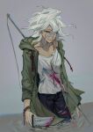  1boy black_pants blood blood_on_clothes chahan_(kfcvmefifty) collarbone danganronpa_(series) danganronpa_2:_goodbye_despair green_jacket grey_background grey_hair hair_between_eyes highres holding holding_knife hood hood_down hooded_jacket impaled jacket knife komaeda_nagito male_focus medium_hair messy_hair pants pink_blood polearm rope smile solo spear torn_clothes torn_pants wading water weapon 