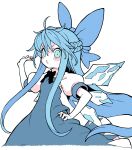  1girl absurdres alternate_hair_length alternate_hairstyle blue_bow blue_dress blue_eyes blue_hair blush bow braid cirno detached_wings dress fairy hair_between_eyes hair_bow hand_on_own_hip highres ice ice_wings long_hair morino_hon open_mouth puffy_short_sleeves puffy_sleeves short_sleeves simple_background solo touhou white_background wings 