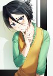  1girl absurdres black_hair bleach blush closed_mouth dated english_commentary finger_to_mouth green_shirt hair_between_eyes hairstyle_request highres jewelry kuchiki_rukia looking_at_viewer necklace orange_sweater_vest purple_eyes shirt short_hair signature solo sweater_vest waligner 
