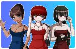  3girls a_beautiful_man_(middinos) alternate_costume asahina_aoi bag blush border bracelet breasts brown_hair cleavage collarbone danganronpa:_trigger_happy_havoc danganronpa_(series) danganronpa_2:_goodbye_despair danganronpa_v3:_killing_harmony dark-skinned_female dark_skin dress earrings freckles hair_ornament hairclip hand_up handbag harukawa_maki highres holding holding_bag hoop_earrings jewelry koizumi_mahiru large_breasts long_hair medium_breasts multiple_girls necklace off-shoulder_dress off_shoulder red_dress red_hair short_hair sideways_glance smile standing upper_body white_border 