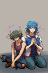  2boys absurdres bare_shoulders belt black_hair black_tank_top blue_eyes blue_hair blue_pants blue_shirt blush boots brown_footwear bruno_(yu-gi-oh!) commentary crossed_legs facial_mark facial_tattoo fudou_yuusei grey_background grey_eyes hands_on_lap hands_up high_collar highres jacket knee_pads kneeling light_blush male_focus marking_on_cheek multicolored_hair multiple_boys open_mouth own_hands_together pants shirt short_hair sitting smile spiked_hair streaked_hair tank_top tattoo youko-shima yu-gi-oh! yu-gi-oh!_5d&#039;s 