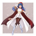  :d absurdres arm_behind_head arm_up bangs bare_shoulders black_pantyhose blue_eyes blue_hair boots bracelet cape commentary_request dress elbow_gloves fire_emblem fire_emblem:_the_binding_blade fire_emblem_heroes full_body gloves hat hazuki_(nyorosuke) highres jewelry knee_boots lilina_(fire_emblem) lilina_(firelight_leader)_(fire_emblem) long_hair official_alternate_costume open_mouth pantyhose partial_commentary pelvic_curtain red_cape red_headwear simple_background skirt smile white_dress white_footwear white_gloves white_skirt 