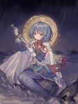  1girl alternate_form belt blood blood_on_clothes blood_on_weapon blue_eyes blue_hair blue_skirt bow bowtie cape chinese_commentary commentary_request crying crying_with_eyes_open detached_sleeves dripping from_side full_body full_moon gloves hair_ornament heart highres holding holding_sword holding_weapon huge_moon impaled looking_at_viewer mahou_shoujo_madoka_magica mahou_shoujo_madoka_magica_(anime) mermaid miki_sayaka monster_girl moon musical_note musical_note_hair_ornament night night_sky ocean outdoors parted_lips rain red_bow red_bowtie rock sad self-harm shixiaoqina short_hair sitting_on_rock skirt sky solo sparkle sword tears water weapon white_cape white_gloves 