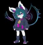  1girl animal_ear_fluff animal_ears artist_name black_background black_hoodie black_shorts clenched_hands ears_through_headwear frown full_body green_hair hair_between_eyes highres hood hood_up hoodie jewelry league_of_legends looking_at_viewer nail_polish necklace nejyu pink_eyes pink_nails short_hair shorts standing toeless_footwear vex_(league_of_legends) vex_shadow_(league_of_legends) yordle 