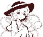  1girl :o black_headwear blouse bow bright_pupils buttons diamond_button expressionless eyeball frilled_shirt_collar frilled_sleeves frills from_side greyscale hat hat_bow hat_ribbon heart heart_of_string high_contrast komeiji_koishi kurenaiattack long_sleeves looking_at_viewer medium_hair monochrome open_mouth parted_lips protected_link ribbon shirt simple_background solo third_eye touhou upper_body wavy_hair white_background wide_sleeves 