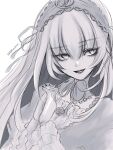  1girl dress frilled_sleeves frills gothic_lolita greyscale hairband highres interlocked_fingers kiru_(m_putorius) lolita_fashion lolita_hairband long_hair looking_to_the_side monochrome own_hands_together rozen_maiden simple_background sketch smile solo suigintou upper_body white_background 