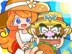  1boy 1girl back_bow blue_eyes bow brown_hair burger closed_eyes dress eating flower food hands_on_another&#039;s_shoulders hat hat_flower long_hair mona_(warioware) open_mouth orange_hair pointy_ears skmkz10 smile sundress wario warioware 