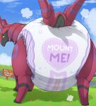  &lt;3 absurd_res ambiguous_gender bunnykisses butt cloud diaper feral generation_5_pokemon grass hi_res looking_at_viewer nintendo outside plant pokemon pokemon_(species) poof presenting presenting_hindquarters scolipede shaking_butt sign sky solo standing text 