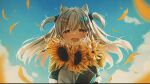  1girl :d animal_ear_fluff animal_ears blue_bow blue_sky bow brown_eyes cat_ears cloud commentary_request day flower grey_hair hair_bow hair_ornament hairclip half-closed_eyes highres indie_virtual_youtuber jacket long_hair long_sleeves looking_at_viewer natsume_eri natsume_eri_(vtuber) object_hug outdoors petals sky sleeves_past_fingers sleeves_past_wrists smile solo sunflower two_side_up virtual_youtuber white_jacket yellow_flower 