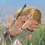  1boy 1girl akihare armlet blonde_hair blue_flower blue_sky bracelet braid crown_braid dress earrings flower highres hug jewelry link master_sword pointy_ears pouch princess_zelda sky spoilers strapless strapless_dress sword sword_on_back the_legend_of_zelda the_legend_of_zelda:_tears_of_the_kingdom topless_male weapon weapon_on_back white_dress 