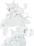  2girls animal_ears arknights ashlock_(arknights) blush flametail_(arknights) greyscale highres hug hug_from_behind monochrome multiple_girls one_eye_closed open_mouth oripathy_lesion_(arknights) short_hair sketch speech_bubble squirrel_ears squirrel_girl squirrel_tail tail toto_(t0t00629) translation_request under_covers yuri 