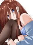  1girl :t bare_shoulders black_thighhighs blue_bra blue_cardigan blue_eyes blush bra breasts brown_hair cardigan cheek_press closed_mouth eyebrows_hidden_by_hair frilled_bra frills from_side furrowed_brow go-toubun_no_hanayome hair_down head_on_knee highres knee_up large_breasts leaning_forward long_hair long_sleeves looking_at_viewer mame1645 nakano_miku shiny_clothes sidelocks simple_background sitting solo straight_hair thighhighs thighs underwear white_background 