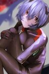  1girl ayanami_rei blue_hair bodysuit breasts cleavage evangelion:_3.0+1.0_thrice_upon_a_time highres holding_leg interface_headset looking_at_viewer medium_breasts neon_genesis_evangelion plugsuit rebuild_of_evangelion red_eyes short_hair yagisawa_teru 