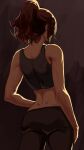  1girl absurdres arched_back ass backlighting brown_hair brown_pants brown_tank_top commentary cowboy_shot crop_top dimples_of_venus from_behind highres original pants ponytail ronillust solo tank_top yoga_pants 