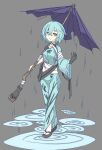  1girl alternate_costume black_gloves blue_eyes blue_hair blue_kimono closed_mouth commentary full_body gloves grey_background heterochromia highres holding holding_umbrella japanese_clothes kimono kogasa_day looking_at_viewer outdoors puddle purple_umbrella rain red_eyes sash short_hair simple_background solo standing tatara_kogasa touhou umbrella watanukimurama 