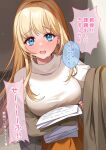  1girl blonde_hair blue_eyes blush breasts brown_coat coat commentary_request fujishiro_kokoa highres looking_at_viewer medium_breasts orange_skirt original paper shirt skirt speech_bubble white_shirt 