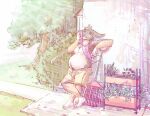  anthro belly big_belly bodily_fluids bulge clothed clothing digital_media_(artwork) lagomorph lavilovi leporid male mammal nipples outside pubes pubic_trail rabbit rake sambun_(tim) slightly_chubby solo summer sweat tools wiping_sweat 