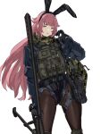  1girl animal_ears black_corset black_gloves black_jacket black_pantyhose camouflage character_request chest_rig corset fake_animal_ears girls&#039;_frontline gloves gun highres jacket long_hair looking_at_viewer mutugorou_u pantyhose pink_eyes pink_hair playboy_bunny rifle sniper_rifle solo very_long_hair weapon white_background woodland_camouflage 