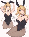  1girl alternate_costume animal_ears bare_arms bare_shoulders black_bow black_bowtie black_leotard blonde_hair blue_eyes bow bowtie breasts cleavage commentary detached_collar english_commentary fake_animal_ears fake_tail grey_background groin highres large_breasts leotard long_hair looking_at_viewer metroid multiple_views one_eye_closed pantyhose parted_lips ponytail purrlucii rabbit_ears rabbit_tail samus_aran simple_background sitting strapless strapless_leotard tail thighs 
