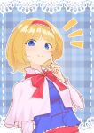  1girl alice_margatroid blonde_hair blue_background blue_eyes blue_shirt bow capelet closed_mouth commentary eyelashes eyes_visible_through_hair finger_to_cheek frilled_hairband frilled_sleeves frills from_below hairband highres index_finger_raised kanpa_(campagne_9) light_blush long_sleeves looking_at_viewer notice_lines plaid plaid_background red_bow red_hairband red_ribbon ribbon shirt short_hair simple_background smile solo touhou upper_body white_capelet white_sleeves 
