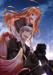  1boy 1girl :d animal_ears ayakura_juu beard black_jacket brown_capelet capelet cover cover_page craft_lawrence facial_hair green_eyes hands_on_another&#039;s_shoulders highres holding holding_reins holo jacket long_skirt long_sleeves novel_cover official_art open_mouth orange_hair outdoors pink_skirt red_eyes reins second-party_source shirt sitting skirt sky smile spice_and_wolf standing tail upper_body white_hair white_shirt wolf_ears wolf_girl wolf_tail 