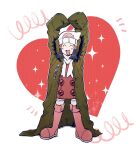  1girl 79x_(ox79xo) arms_up commentary_request dawn_(pokemon) hat heart heart_arms highres jacket oversized_clothes pokemon pokemon_(game) pokemon_dppt pokemon_platinum smile solo winter_clothes 