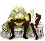  2boys animal_ears black_gloves blonde_hair cigarette closed_mouth curly_eyebrows fangs full_body gloves hair_over_one_eye highres holding holding_cigarette lion_ears looking_at_another medium_hair multiple_boys one_piece open_mouth orange_hair pedro_(one_piece) sanji_(one_piece) short_hair sitting smile tail winter44t 