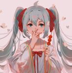  absurdres ahoge aqua_eyes aqua_hair bow bug butterfly chinese_clothes covering_mouth food hair_bow hand_over_own_mouth hands_up hanfu hatsune_miku highres holding holding_food long_hair looking_to_the_side neck_ribbon pink_background red_bow red_nails red_ribbon ribbon tanghulu twintails upper_body very_long_hair vocaloid wide_sleeves yi_er_san 