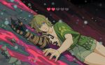  1boy blonde_hair blood_on_ground blue_eyes body_markings earrings feet_out_of_frame green_tunic hair_between_eyes highres injury jewelry link lying male_focus medium_hair mushroom on_side sarakipin sidelocks single_bare_shoulder solo the_legend_of_zelda the_legend_of_zelda:_tears_of_the_kingdom 