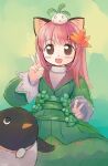  1girl :d animal_ears bangs bird blush brown_hair cat_ears character_request commentary_request cowboy_shot double_v dress emurin green_dress hair_ornament leaf leaf_hair_ornament long_hair long_sleeves looking_at_viewer maple_leaf onion open_mouth penguin pink_eyes shirt smile solo tree_of_savior v white_shirt 