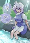  1girl apron breasts bright_pupils commentary_request highres lapel_pin large_breasts letty_whiterock light_purple_hair light_rays looking_at_viewer open_mouth purple_eyes river scavia10 short_sleeves sitting solo speech_bubble sweat touhou translation_request turtleneck wading waist_apron white_apron white_headwear white_pupils 