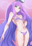  1girl aqua_eyes bikini breasts commentary_request cure_majesty ellee-chan eyelashes hair_ornament happy highres hirogaru_sky!_precure long_hair looking_at_viewer magical_girl navel nom_mia precure purple_bikini purple_hair small_breasts smile solo standing swimsuit very_long_hair 