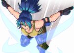  1girl akisu_k black_gloves blue_eyes blue_hair breasts camouflage camouflage_pants chromatic_aberration crop_top earrings gloves jewelry leona_heidern pants ponytail sleeveless solo tank_top the_king_of_fighters the_king_of_fighters_xv yellow_tank_top 