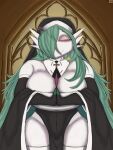  absurd_res black_clothing black_gloves black_handwear christianity clothing cross destruction21 eyes_closed female fingerless_gloves gardevoir generation_3_pokemon gloves green_hair hair handwear hi_res humanoid legwear nintendo nun nun_outfit pokemon pokemon_(species) religion smile solo thigh_highs white_body 