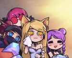  4girls ahri_(league_of_legends) akali animal_ears blonde_hair blue_eyes blush breasts brown_hair cleavage closed_eyes closed_mouth evelynn_(league_of_legends) facial_mark fox_ears fox_girl k/da_(league_of_legends) k/da_ahri k/da_akali k/da_evelynn k/da_kai&#039;sa kai&#039;sa league_of_legends long_hair multiple_girls official_alternate_costume official_alternate_hairstyle open_mouth phantom_ix_row ponytail purple_hair red-tinted_eyewear round_eyewear smile tinted_eyewear upper_body whisker_markings 