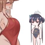  2girls animal_ears armpit_crease bare_arms bare_legs black_hair blue_archive blue_eyes blurry blurry_foreground blush breast_envy breasts brown_hair butterfly_hair_ornament chibi chinese_clothes closed_mouth commentary_request covered_nipples dot_mouth double_bun dudou flat_chest fox_ears fox_girl grey_eyes hair_bun hair_ornament halo hand_on_own_hip highres kisaki_(blue_archive) large_breasts long_hair multiple_girls narrowed_eyes nose_blush open_mouth profile ribs ro_(aahnn) rumi_(blue_archive) sideboob simple_background smile thighs twintails very_long_hair white_background 