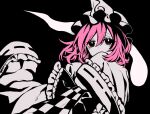  1girl checkered_clothes covered_mouth covering_mouth frilled_sleeves frills hair_between_eyes hand_over_own_mouth hand_up hat hitodama japanese_clothes kimono kyouda_suzuka looking_at_viewer medium_hair mob_cap monochrome pink_hair ribbon-trimmed_sleeves ribbon_trim saigyouji_yuyuko sleeves_past_fingers sleeves_past_wrists solo spot_color third-party_source touhou triangular_headpiece upper_body 