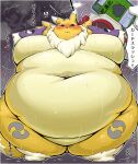  &lt;3 ?! anthro bandai_namco belly big_belly big_breasts black_sclera blue_eyes blush bodily_fluids breasts canid canine chubby_cheeks digimon digimon_(species) featureless_breasts female fur hi_res huge_belly japanese_text kuroneko_coffee mammal morbidly_obese morbidly_obese_anthro morbidly_obese_female navel obese obese_anthro obese_female overweight overweight_anthro overweight_female renamon solo sweat sweaty_belly sweaty_breasts text yellow_body yellow_fur 