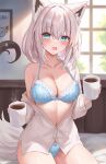  1girl absurdres animal_ear_fluff animal_ears blue_bra blue_eyes blue_panties blurry blurry_background blush bra braid breasts coffee collarbone cup fox_ears fox_girl hair_between_eyes hayasaka_(a865675167774) highres holding holding_cup hololive indoors large_breasts looking_at_viewer medium_hair navel off_shoulder open_mouth paid_reward_available panties shirakami_fubuki shirt short_hair single_braid solo underwear virtual_youtuber white_hair white_shirt window 
